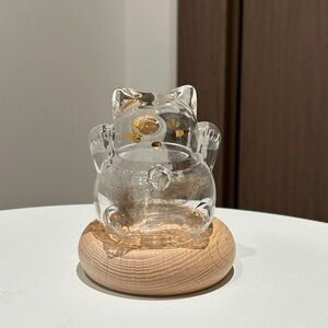 Glass Cat Figurine Memorial Jar Keepsake for Fur & Crystals with Wooden Base
